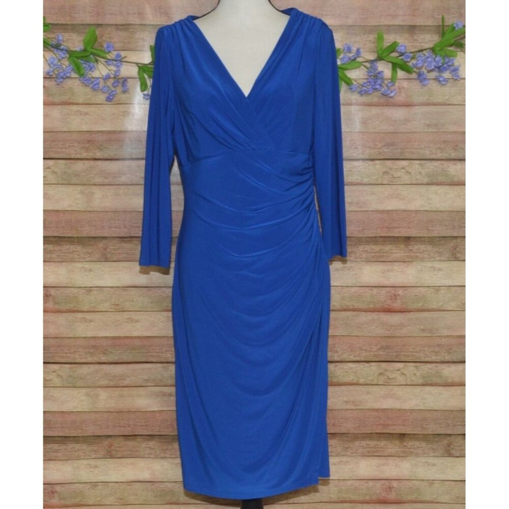 Lauren Ralph Lauren Womens Blue Midi Faux Wrap Dress Size 12 Flattering Career